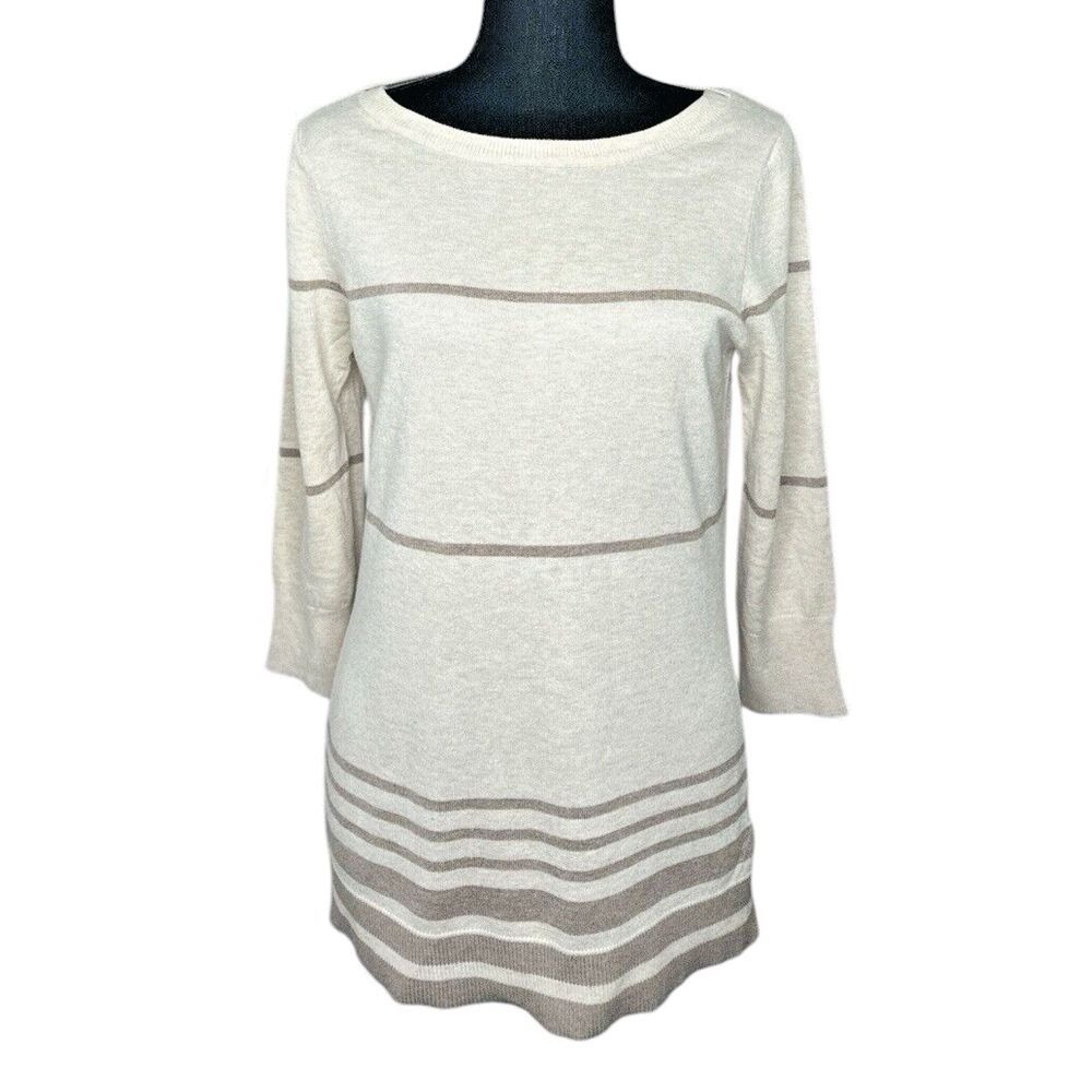 Eyn Women's Striped Sweater, 3/4 Sleeves,‎ Boat Neckline, Beige, Size M